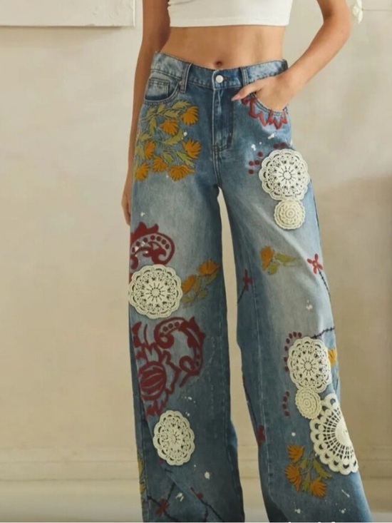 Oli & Hali Pants - OLI & HALI Blue Wide-Leg Embroidered Patchwork Jeans Brand NEW sz XL